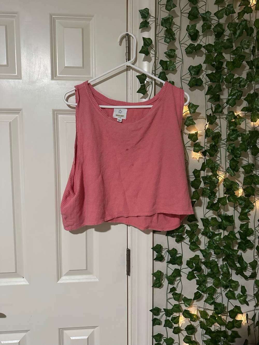 Waffle Knit Cropped Tank Top - Pink